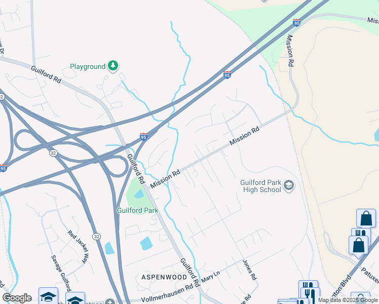 map of restaurants, bars, coffee shops, grocery stores, and more near 8754 Mission Road in Jessup