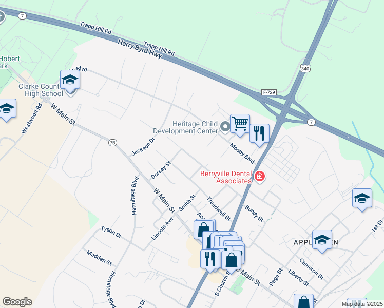 map of restaurants, bars, coffee shops, grocery stores, and more near 310 Walnut Street in Berryville