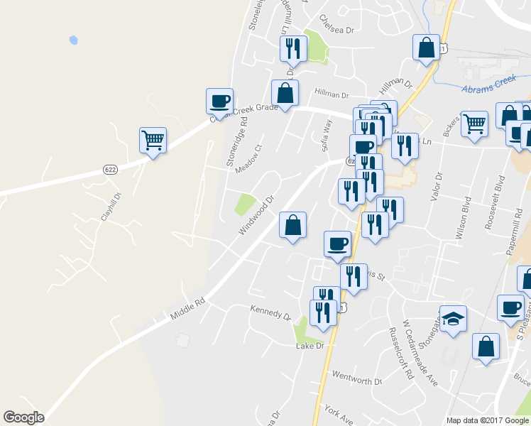 map of restaurants, bars, coffee shops, grocery stores, and more near 2602 Windwood Drive in Winchester
