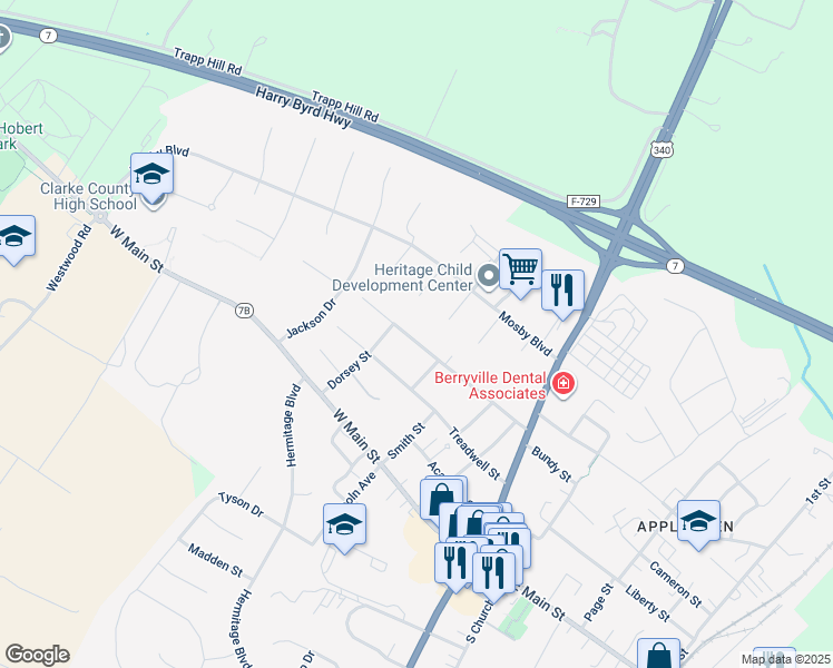 map of restaurants, bars, coffee shops, grocery stores, and more near 310 Walnut Street in Berryville