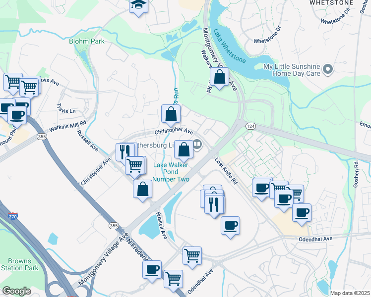 map of restaurants, bars, coffee shops, grocery stores, and more near 9806 Feathertree Terrace in Montgomery Village
