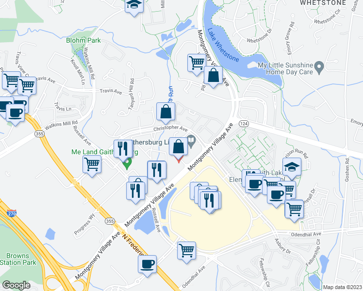 map of restaurants, bars, coffee shops, grocery stores, and more near 9804 Feathertree Terrace in Montgomery Village