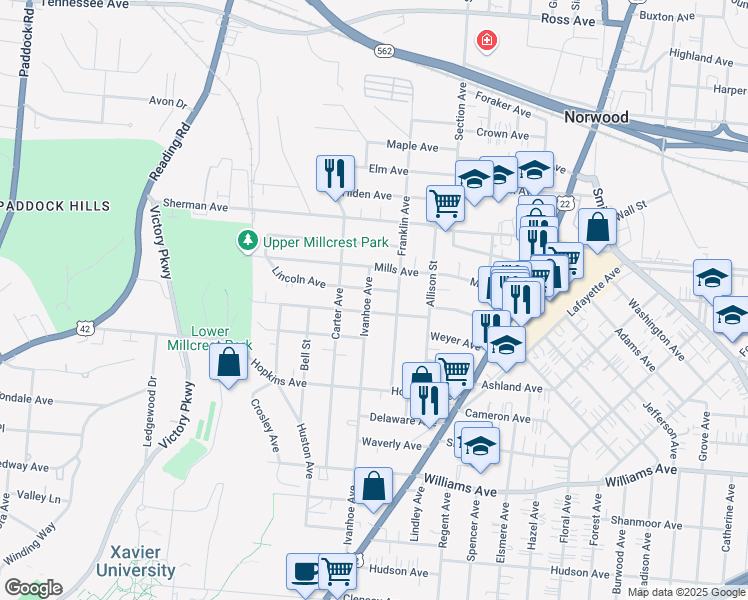 map of restaurants, bars, coffee shops, grocery stores, and more near 4414 Ivanhoe Avenue in Cincinnati