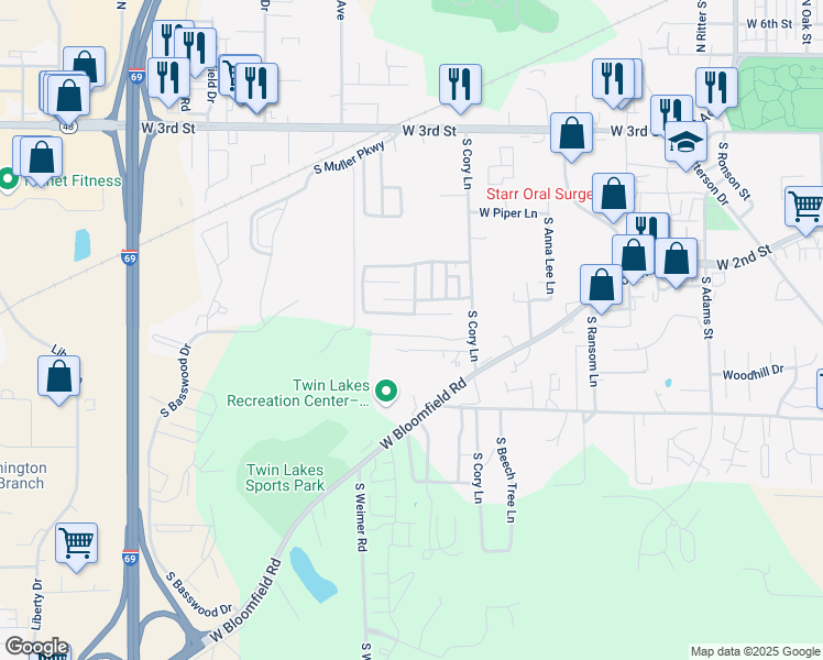 map of restaurants, bars, coffee shops, grocery stores, and more near 2026 West Cory Drive in Bloomington