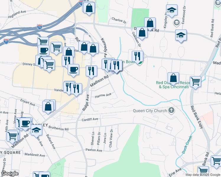 map of restaurants, bars, coffee shops, grocery stores, and more near 3576 Madison Park Avenue in Cincinnati