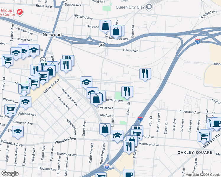 map of restaurants, bars, coffee shops, grocery stores, and more near 2429 Park Avenue in Cincinnati