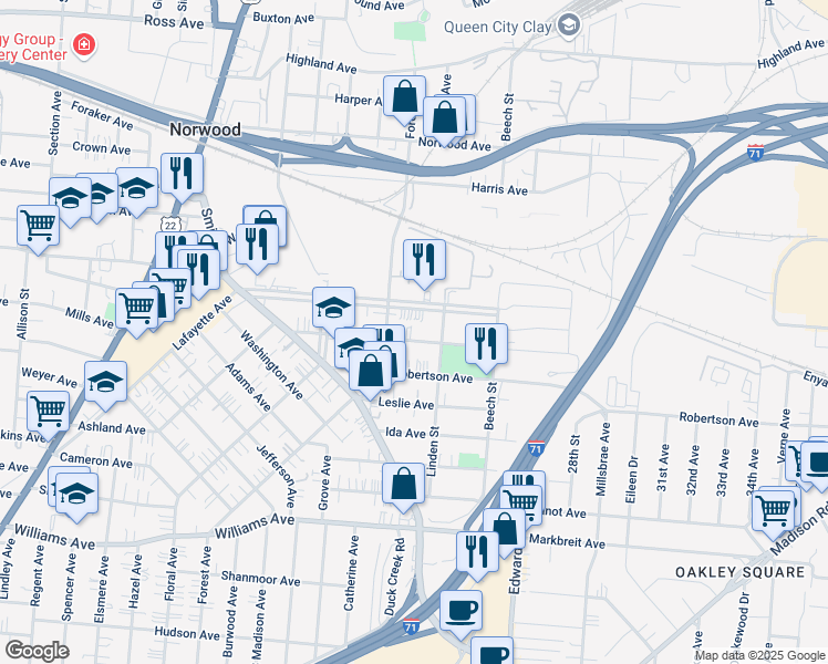 map of restaurants, bars, coffee shops, grocery stores, and more near 2429 Park Avenue in Cincinnati