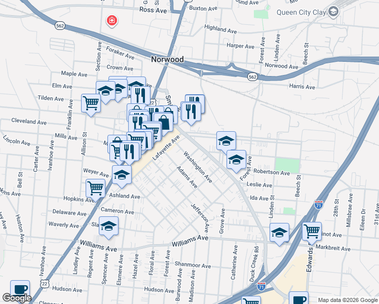map of restaurants, bars, coffee shops, grocery stores, and more near 2212 Washington Avenue in Cincinnati