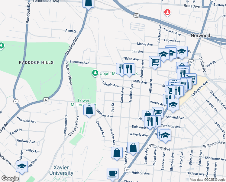 map of restaurants, bars, coffee shops, grocery stores, and more near 1750 Lincoln Avenue in Cincinnati
