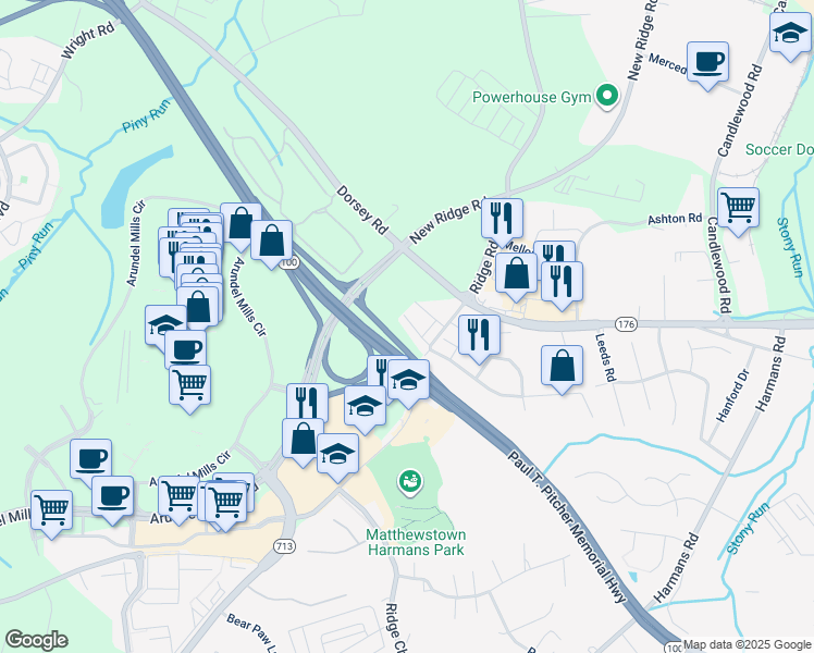 map of restaurants, bars, coffee shops, grocery stores, and more near 1437 Strahorn Road in Severn