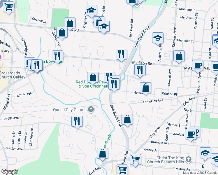 map of restaurants, bars, coffee shops, grocery stores, and more near 4791 Red Bank Expressway in Cincinnati