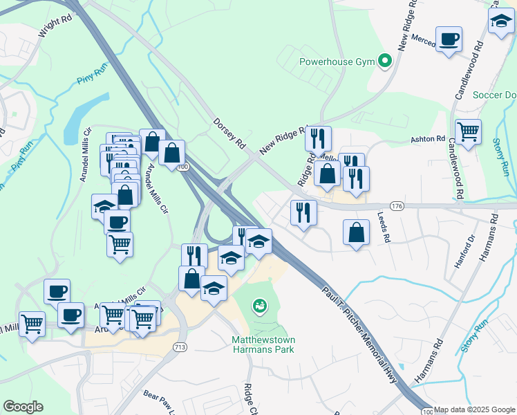 map of restaurants, bars, coffee shops, grocery stores, and more near 1437 Strahorn Road in Severn