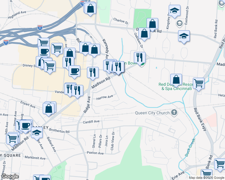 map of restaurants, bars, coffee shops, grocery stores, and more near 3576 Madison Park Avenue in Cincinnati