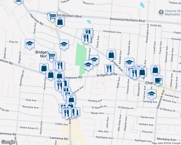 map of restaurants, bars, coffee shops, grocery stores, and more near 3812 Weirman Avenue in Cincinnati