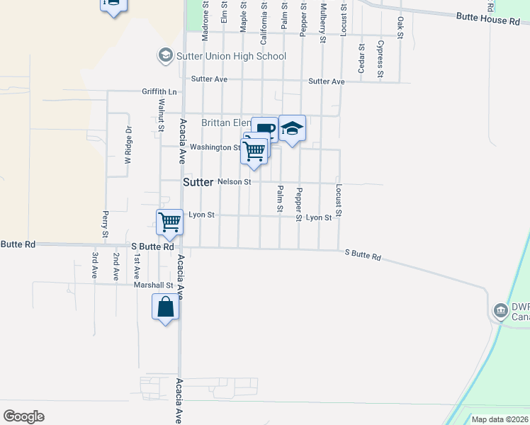 map of restaurants, bars, coffee shops, grocery stores, and more near 7393 Lyon Street in Sutter
