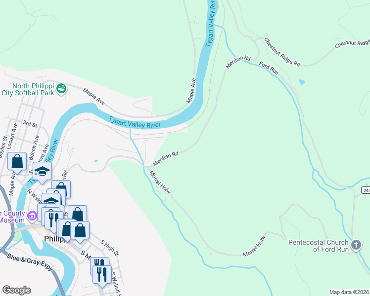 map of restaurants, bars, coffee shops, grocery stores, and more near 801 Merdian Road in Philippi