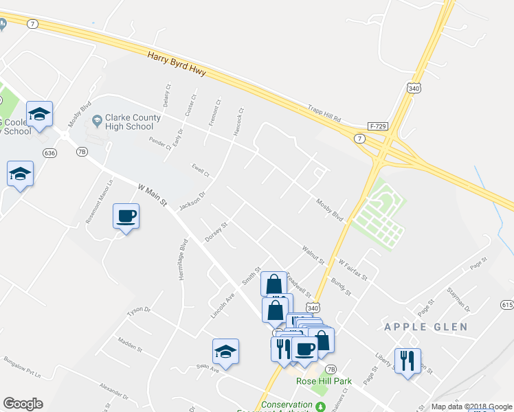 map of restaurants, bars, coffee shops, grocery stores, and more near 312 Walnut Street in Berryville