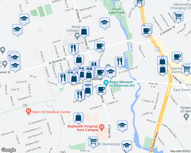 map of restaurants, bars, coffee shops, grocery stores, and more near 152 South State Street in Dover