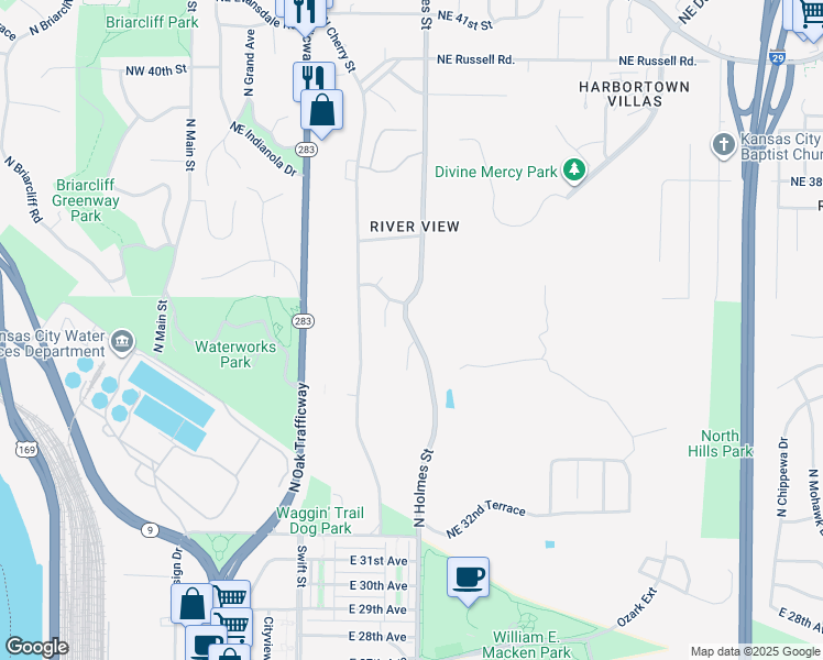 map of restaurants, bars, coffee shops, grocery stores, and more near in North Kansas City