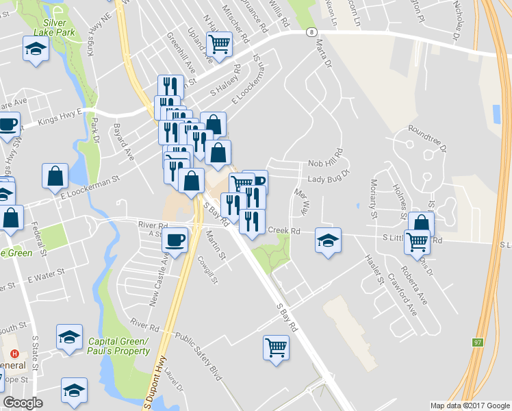 map of restaurants, bars, coffee shops, grocery stores, and more near 190 John Hunn Brown Road in Dover