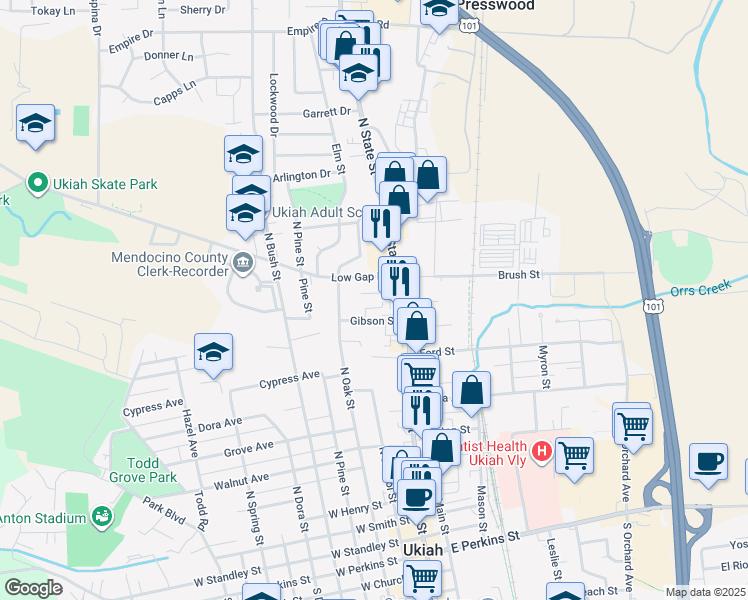 map of restaurants, bars, coffee shops, grocery stores, and more near 148 Gibson Street in Ukiah