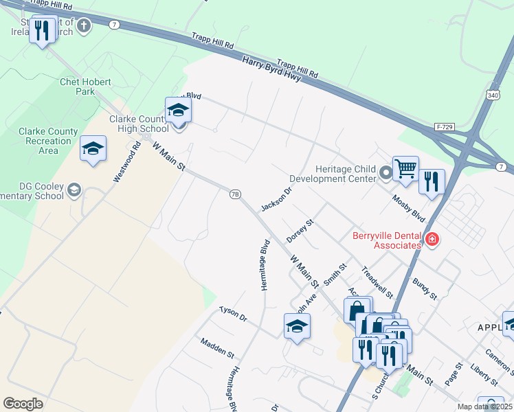 map of restaurants, bars, coffee shops, grocery stores, and more near 309 1st Street in Berryville