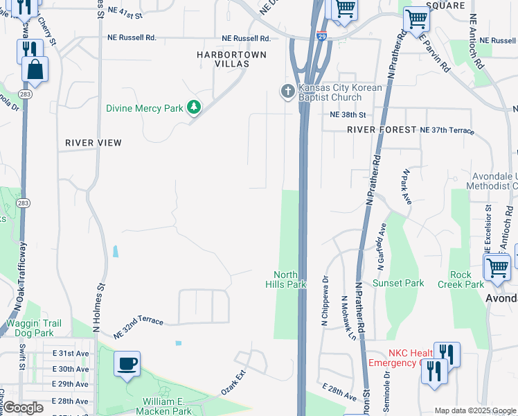 map of restaurants, bars, coffee shops, grocery stores, and more near 1401 Northeast 36th Street in Kansas City