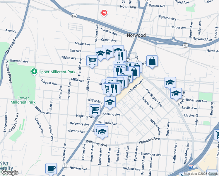 map of restaurants, bars, coffee shops, grocery stores, and more near in Norwood