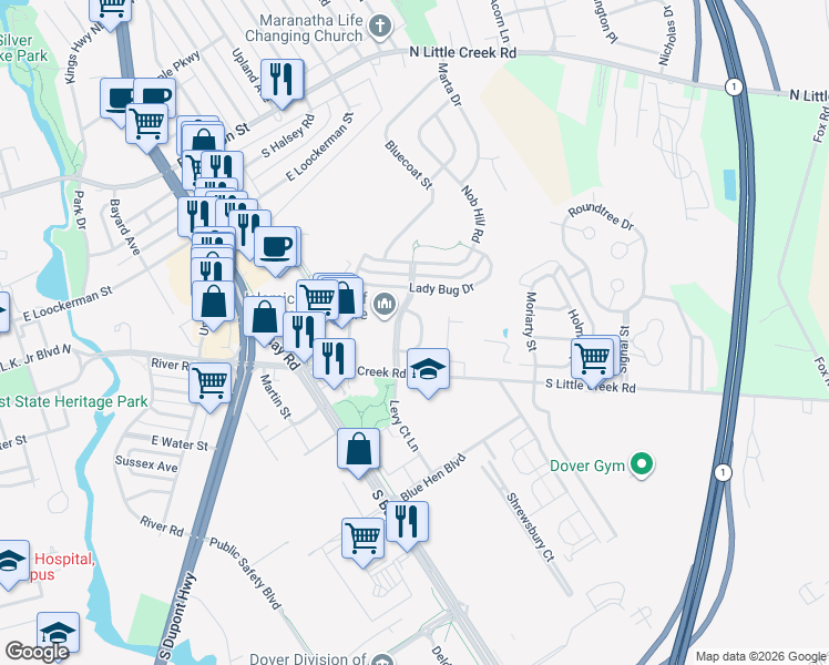map of restaurants, bars, coffee shops, grocery stores, and more near 59 Mer Way in Dover