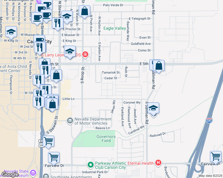map of restaurants, bars, coffee shops, grocery stores, and more near 1123 Cedar Street in Carson City