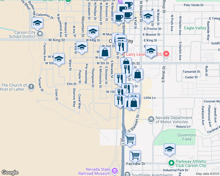 map of restaurants, bars, coffee shops, grocery stores, and more near 326 West 9th Street in Carson City