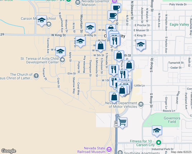 map of restaurants, bars, coffee shops, grocery stores, and more near 868 South Minnesota Street in Carson City