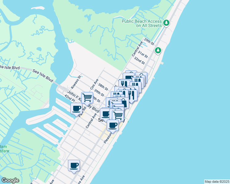 map of restaurants, bars, coffee shops, grocery stores, and more near 141 38th Street in Sea Isle City