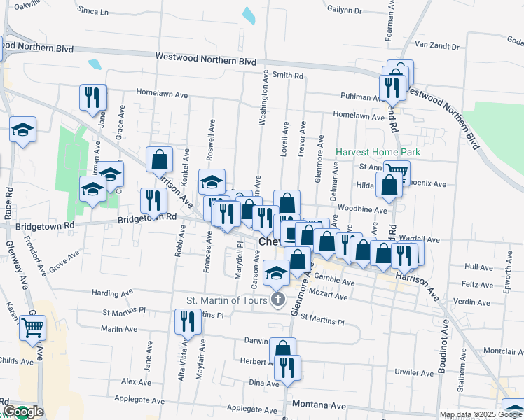 map of restaurants, bars, coffee shops, grocery stores, and more near 3902 Woodbine Avenue in Cincinnati