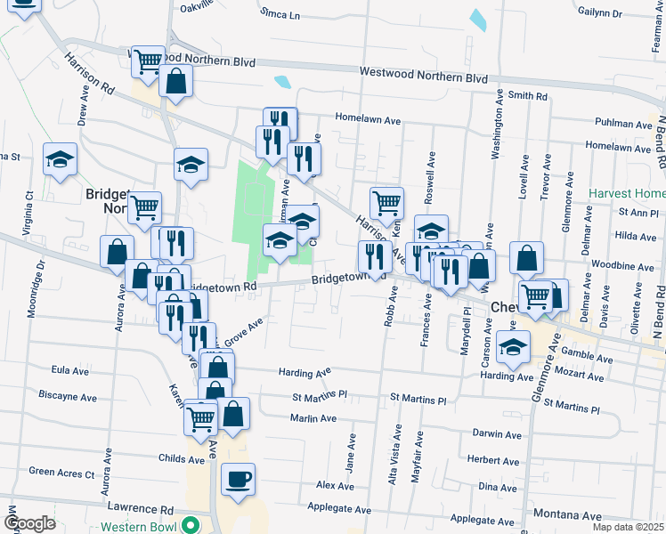map of restaurants, bars, coffee shops, grocery stores, and more near 3828 Church Lane in Cincinnati