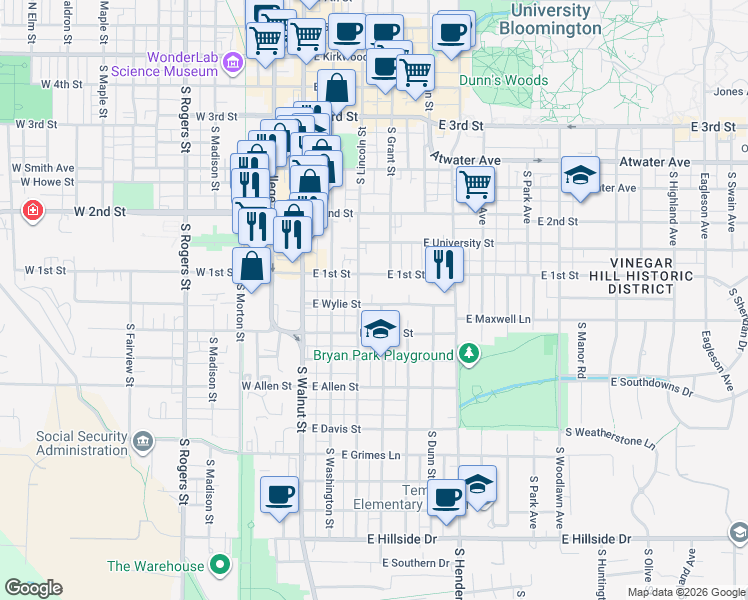 map of restaurants, bars, coffee shops, grocery stores, and more near 316 East 1st Street in Bloomington