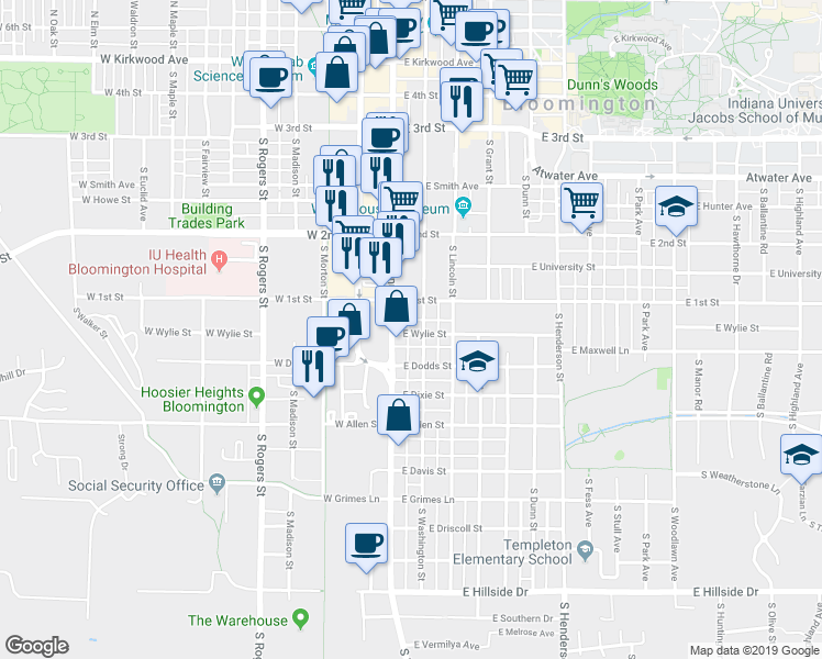 map of restaurants, bars, coffee shops, grocery stores, and more near 609 South Walnut Street in Bloomington