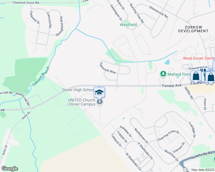 map of restaurants, bars, coffee shops, grocery stores, and more near 1700 Forrest Avenue in Dover