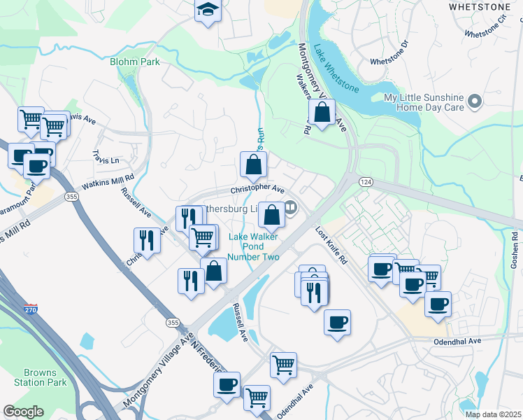 map of restaurants, bars, coffee shops, grocery stores, and more near 9720 Leatherfern Terrace in Montgomery Village