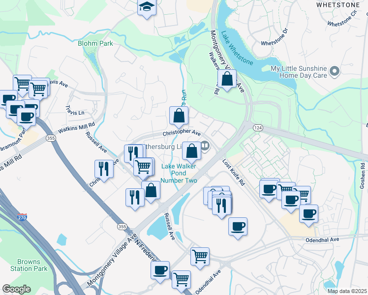 map of restaurants, bars, coffee shops, grocery stores, and more near 9720 Leatherfern Terrace in Montgomery Village