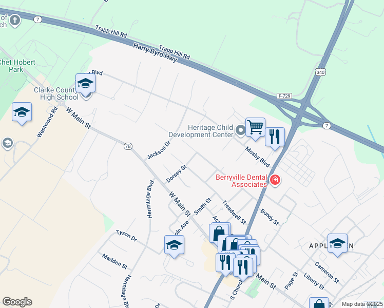 map of restaurants, bars, coffee shops, grocery stores, and more near 311 1st Street in Berryville