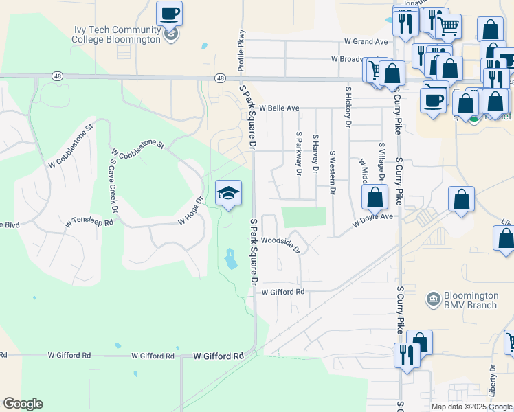 map of restaurants, bars, coffee shops, grocery stores, and more near 863 South Park Square Drive in Bloomington