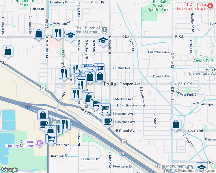 map of restaurants, bars, coffee shops, grocery stores, and more near 432 East Aspen Avenue in Fruita