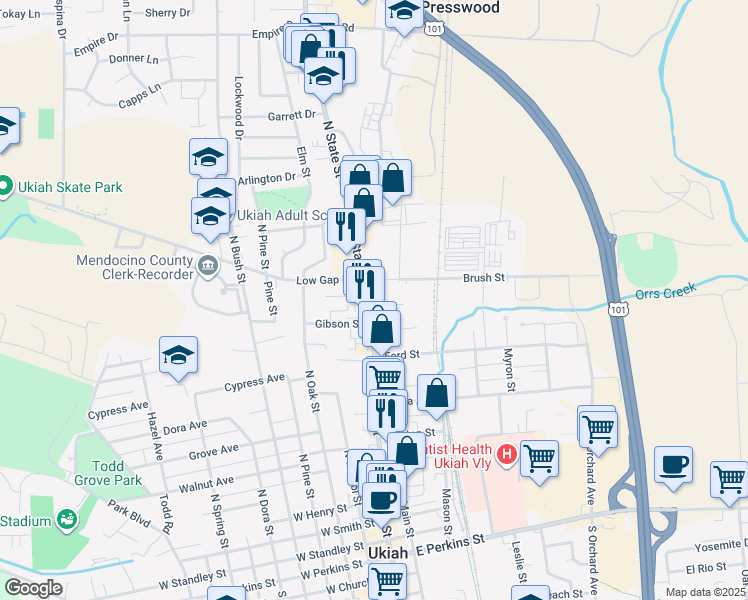 map of restaurants, bars, coffee shops, grocery stores, and more near 895 North State Street in Ukiah
