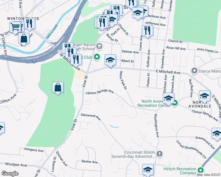 map of restaurants, bars, coffee shops, grocery stores, and more near 135 Rion Lane in Cincinnati