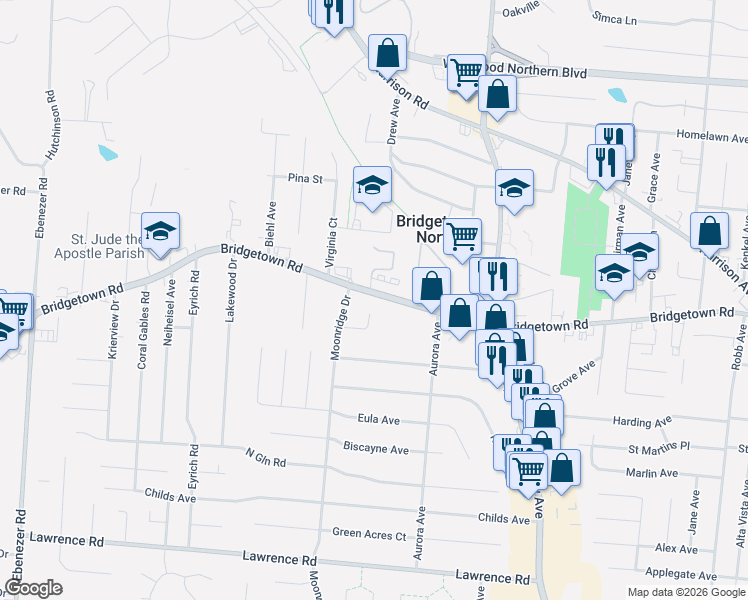 map of restaurants, bars, coffee shops, grocery stores, and more near 5630 Bridgetown Road in Cincinnati