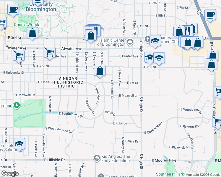 map of restaurants, bars, coffee shops, grocery stores, and more near 801 South Eastside Drive in Bloomington