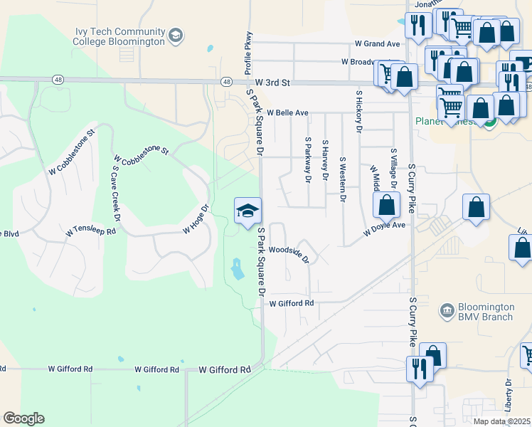 map of restaurants, bars, coffee shops, grocery stores, and more near 700-898 South Park Square Drive in Bloomington