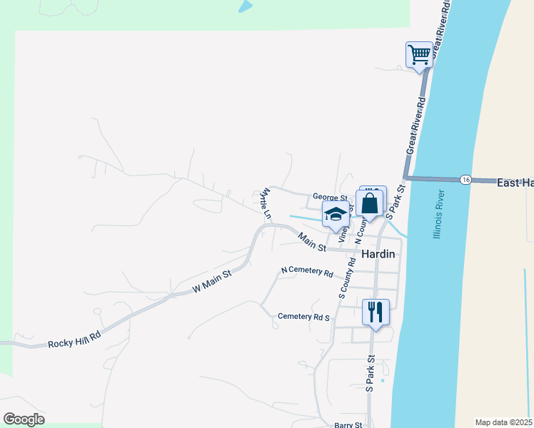 map of restaurants, bars, coffee shops, grocery stores, and more near 1 Myrtle Lane in Hardin