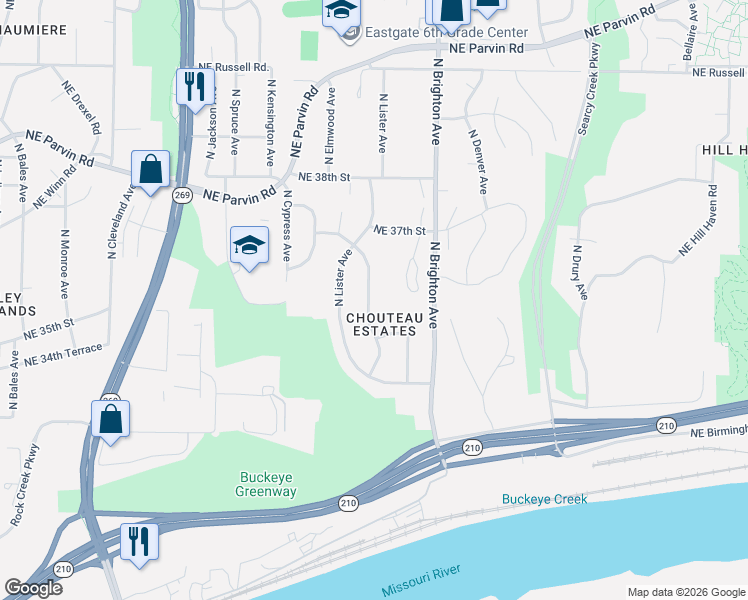 map of restaurants, bars, coffee shops, grocery stores, and more near 3605 North Chelsea Avenue in Kansas City